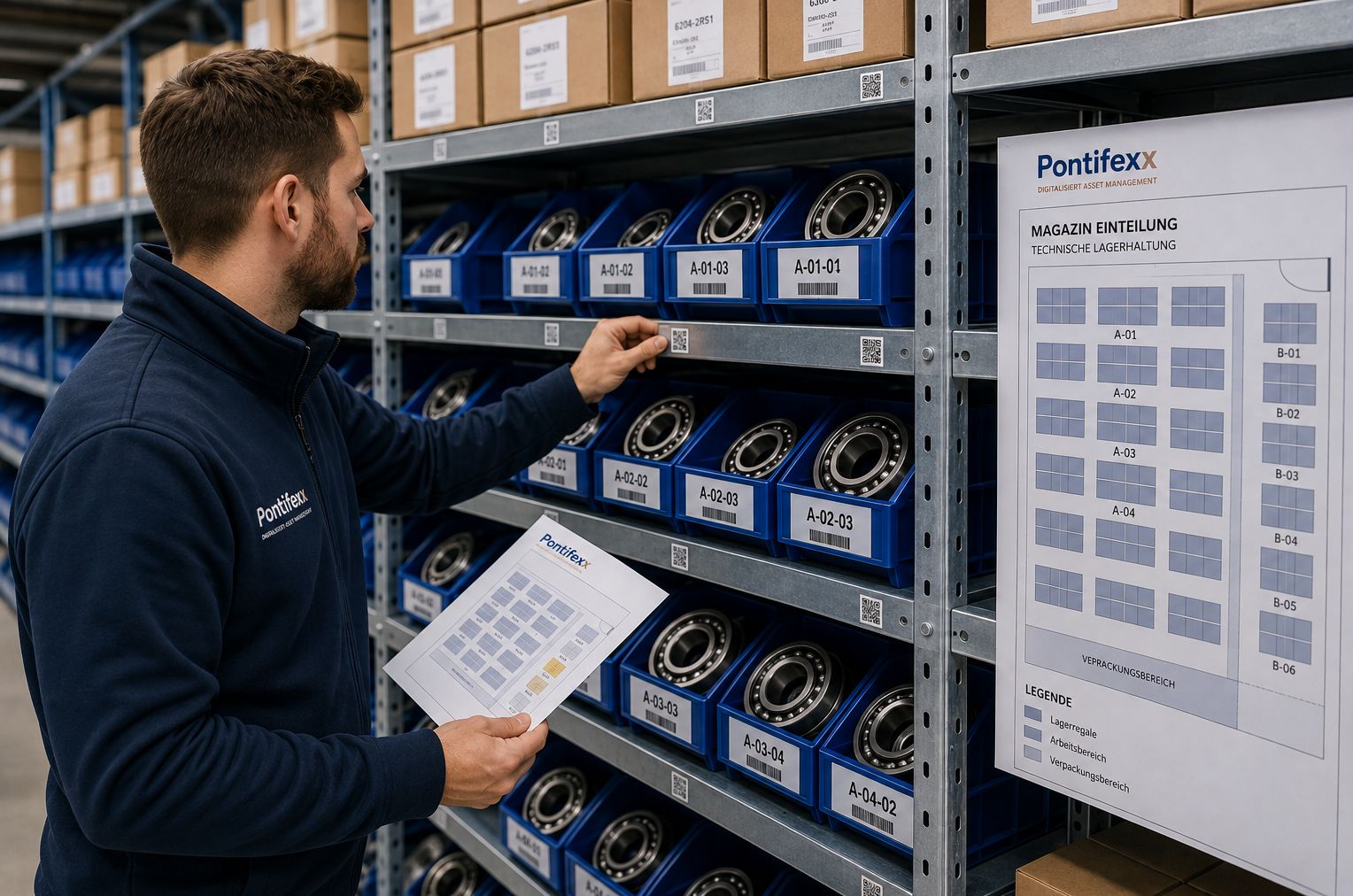 Technisches Lager mit gekennzeichneten Regalen und sortierten Ersatzteilen